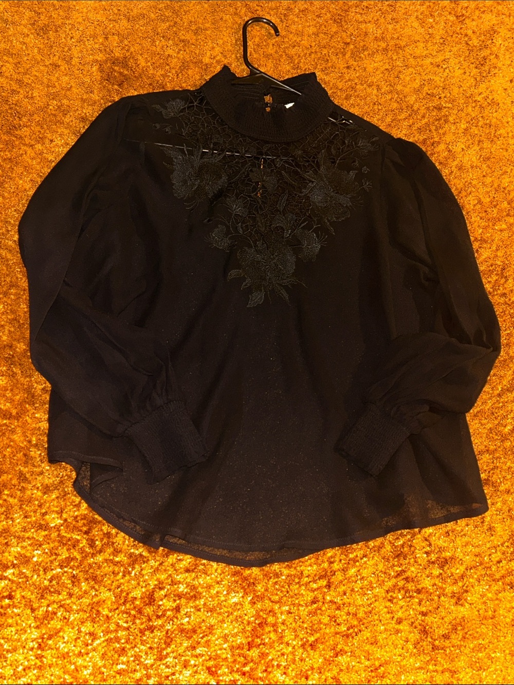 Astr Black Floral Appliqué Mock Neck Blouse